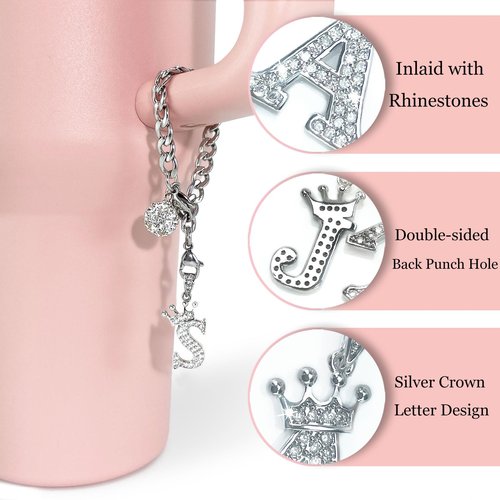 LUHOHI Silver Letter Charms for Stanley Cup- Crown Letter Charms Accessories for Stanley Handle 40Oz Tumblers Water Bottle Cup Initial Keychain with Diamond Glitter Jewelry Personalized Decorations G