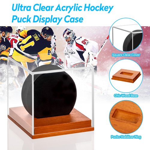 MewVeer Hockey Puck Display Case, Pucks Display Cases with Wooden Base, Acrylic Clear Box - Hockey Memorabilia Storage Holder, for Enthusiasts & Collectors & Fans (2 Pack, Square)