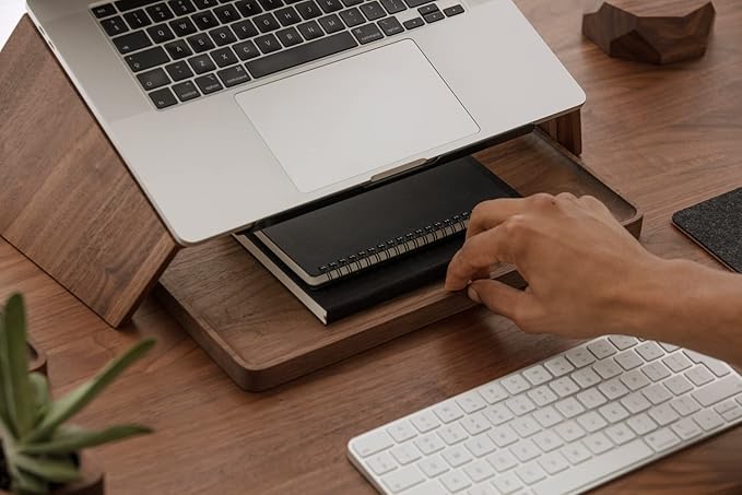 Oakywood Walnut Wooden Slanted Laptop Stand - Ergonomic Desk Laptop Riser & Holder - 50x25x15cm - Fits 15-16 inch Laptops