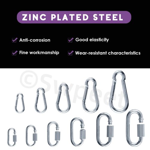 Swpeet 30Pcs M3.5 M4 M5 M6 M7 M8 Galvanized Safety Chain Quick Link and Galvanized Spring Snap Hook Assortment Kit, Heavy Duty Chain Connector Chain Coupler D Shape Locking