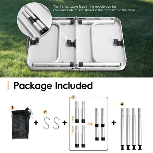 pollilar Small Camping Table 2Ft Folding Table 3 Adjustable Height Portable Lightweight Table Aluminum Fold Up Dining Table for Picnic,Beach BBQ,Cooking, Bed Working Outdoor & Indoor