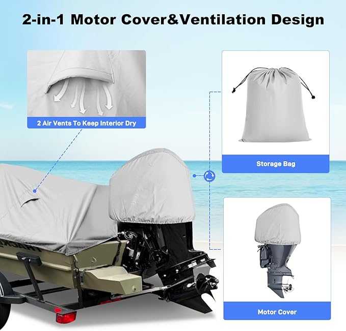 Boat Cover 16-18.5ft, Bass Tracker Boat Cover with Sand Bag Mooring Kit, 1200D Marine Canvas Waterproof Heavy Duty Boat Covers for 16 feet 17ft 18' Foot V Hull Bass & Runabout Boat,Gray