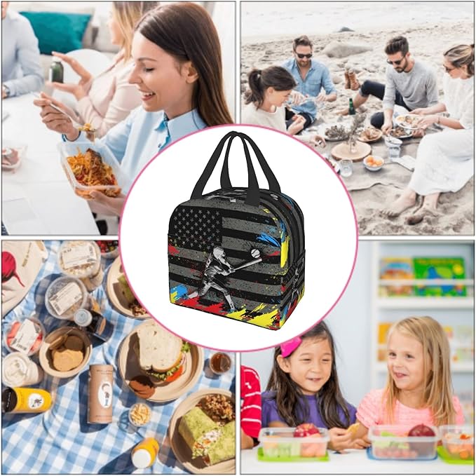 Baseball Player Lunch Bag for Sports Boys American Flag Reusable Insulated Lunch Tote Lunch Box Black Cooler Thermal Lunch Tote Bag for School Work Picnic