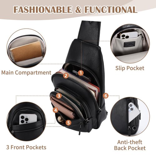 RAVUO Sling Bag, PU Leather Crossbody Backpack for Women Men Casual Hiking Daypack Multipurpose Chest Bag for Work College Black
