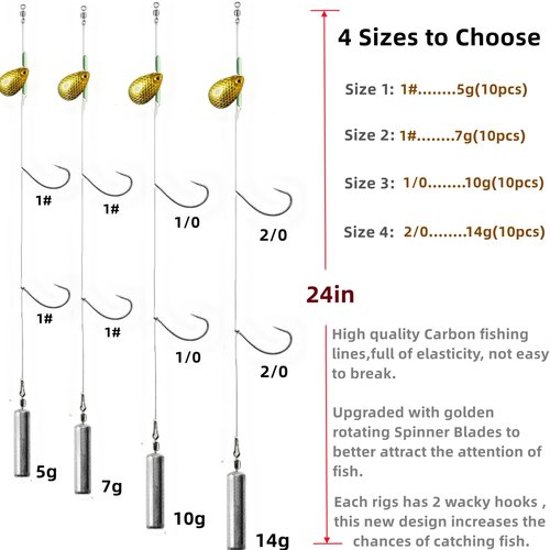 DAMIDEL 10Pcs Drop Shot Ready Rigs Kit with 2 Fishing Wacky Hooks,No Snag Skinny Sinker(1/2oz,3/8oz,1/4oz.1/5oz.), Spinner Blades, Fishing Bass Rig Cylinder Saltwater Freshwater 5g