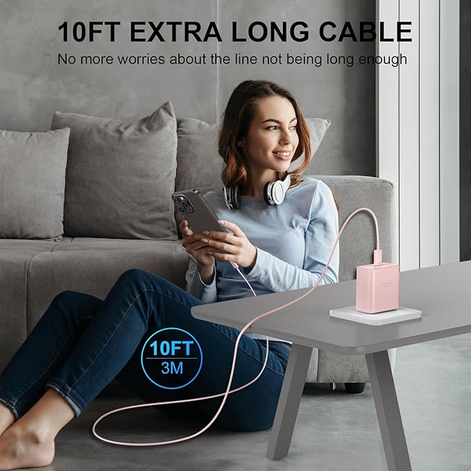 Phone 16 Pro Max Charger Fast Charging, 45W USB C Phone 16 Super Fast Charger Block with 10ft Long Type C Charging Cable Cord for Phone 16/16 Pro/16 Pro Max/16 Plus, 15/15 Pro Max/Pro/Plus-2pack Pink