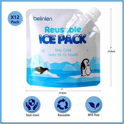 Belinlen 12 Pack 7 x 7 Inch Reusable Long Lasting Ice Packs for Cooler, Cooler Shock Ice Packs for Lunch Box, Lunch Bags for Beach, Fishing, Camping(7.87mil)