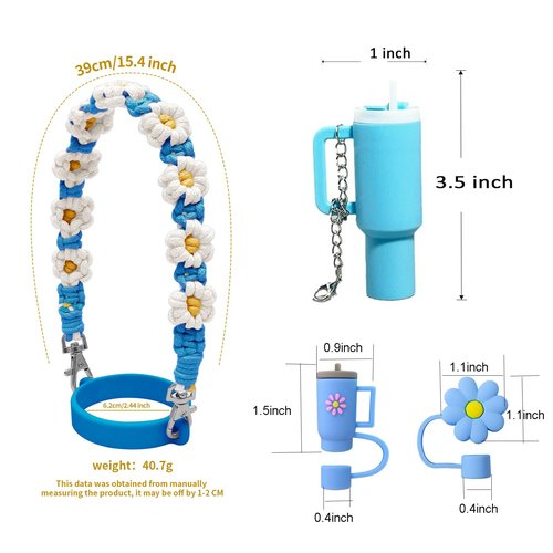Wohoyee Water Bottle Handle Strap with Lipstick Holder, Silicone Straw Covers, Mini Cup Keychain Compatible with Flask & Stanley Cup Fits Most 16-40oz Water Bottle (Blue)