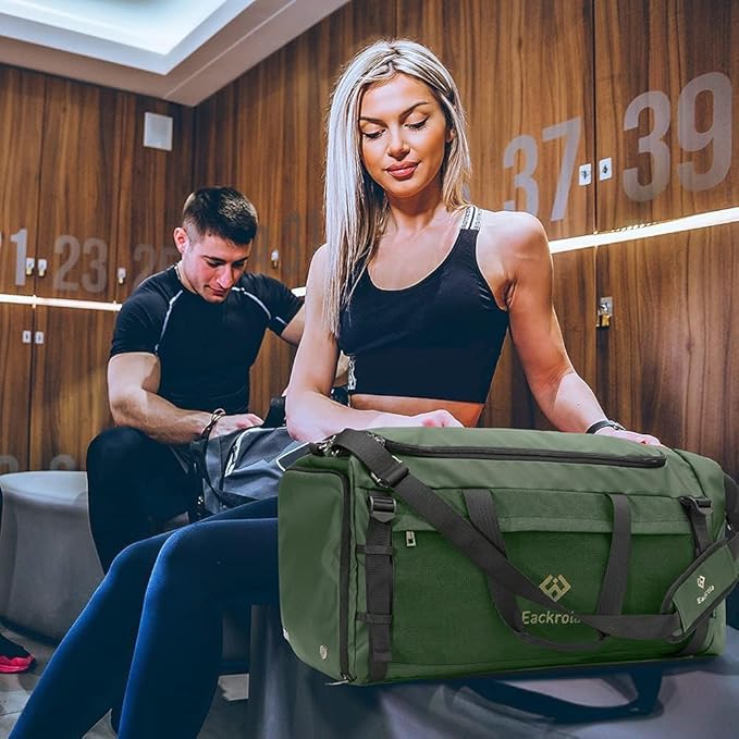 Eackrola Extra Large Sports Gym Bag, Travel Duffel bag with Wet Pocket & Shoes Compartment for men women, 85L, Lightweight (Green)