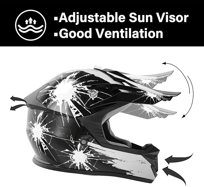 TCT-MOTORPARTS DOT Youth Kids Motocross ATV Helmets Offroad Street Dirt Bike Go-Kart BMX MX Full Face Helmet Black w/White Fireworks X-Large Size