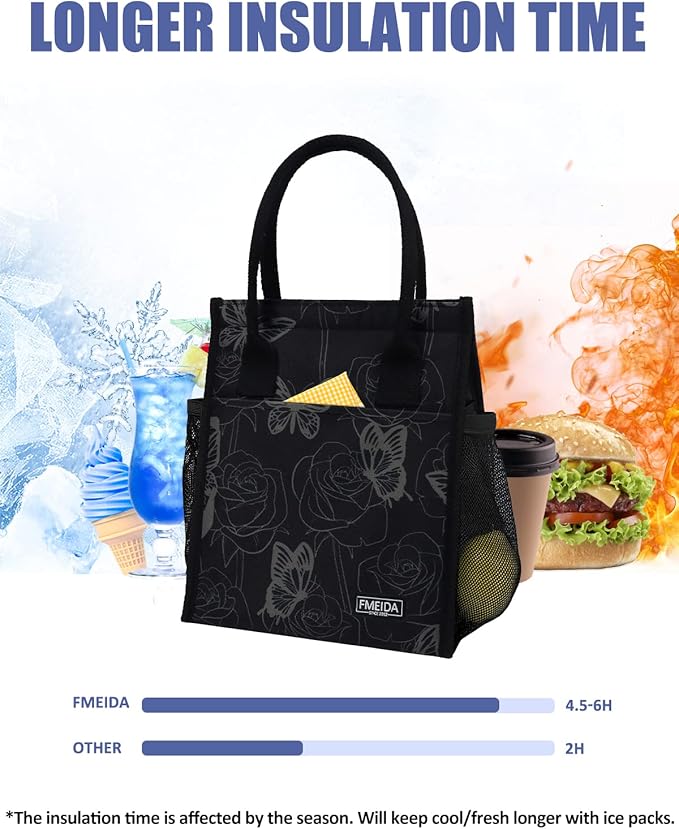 Fmeida Insulated Lunch Cooler, Women's Butterfly Lunch Bag - Small, Reusable Adult Cooler for Work, College, Picnic, Beach | Front & Side & Interior Pockets