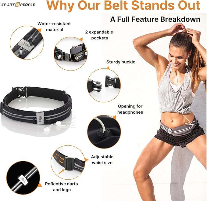 Slim Running Belt for Women and Men, Waterproof Phone Holder for Running, Reflective 2-Pocket Waist Pack for Storing Runnerโs Essentials Safely, Runnerโs Fanny Pack, Money Belt Fits Most Phones