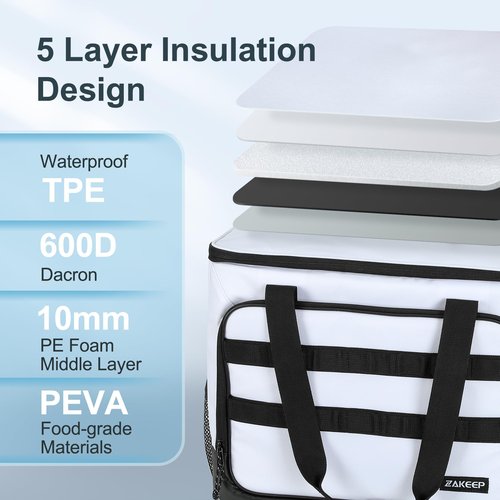 ZAKEEP Soft Cooler Bag, Large Leakproof Beach Cooler, 30 Cans Collapsible Cooler with Adjustable Shoulder Straps, Ice Chest, Portable Insulated Bag Camping Coolerbag for Travel&Camping&Picnic, White
