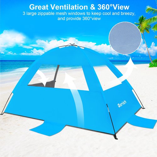 Gorich Beach Tent Sun Shelter with UV UPF99+ Protection for 3-4 People and Extra-Large Sandproof Waterproof Beach Blanket, Perfect for Camping, Travel, and Hiking (SkyRoyal, 10'x9')
