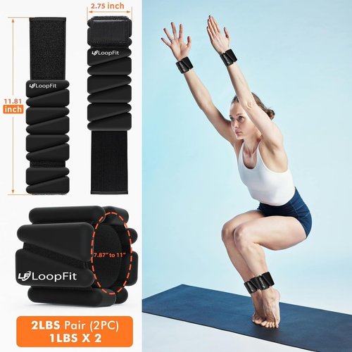 LOOPFIT Ankle & Wrist Weights Set, 2 x 1lb Black Silicone & Stainless Steel, Adjustable Modern Design, Perfect for Pilates, Yoga, Home Workouts & More