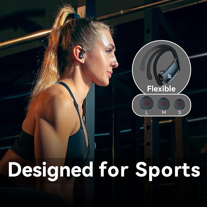 bmani Wireless Earbuds Bluetooth Headphones 48hrs Play Back Sport Earphones with LED Display Over-Ear Buds with Earhooks Built-in Mic Headset for Workout Black