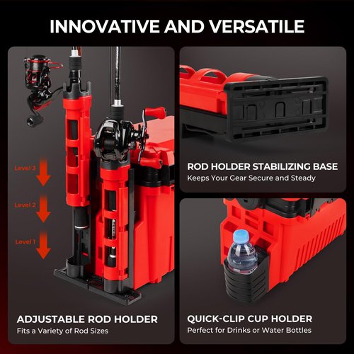 MadBite By KastKing RigHub Portable Tackle Storage Box, Adjustable Rod Holder, Cup Holder, Removable Dividers, Ideal for Fishing Lures and Gear Storage, Kayak Fishing, Ice Fishing