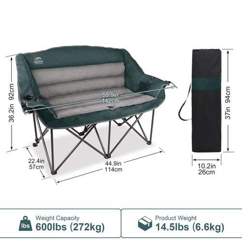 LANMOUNTAIN Fully Padded Folding Double Camping Chairs,Comfy Oversized Loveseat Lawn Chair w/Wine Glass Holder,Cup Holder,Heavy Duty Outdoor Portable Camp Couch Support 600 Lbs,Dark Green