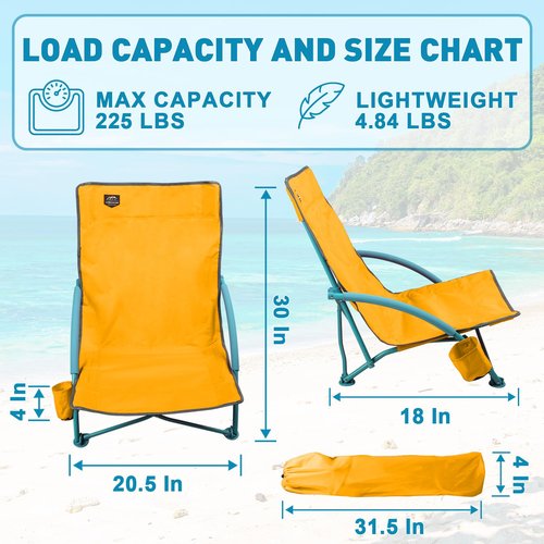 LANMOUNTAIN 2 Pack Low Beach Chair,Folding Recliner Camping Chair for Adults,Lightweight Backpacking Low Seat Camping Chairs with Cup Holder, Carry Bag for Outdoor Camp Lawn Picnic Festival,Yellow