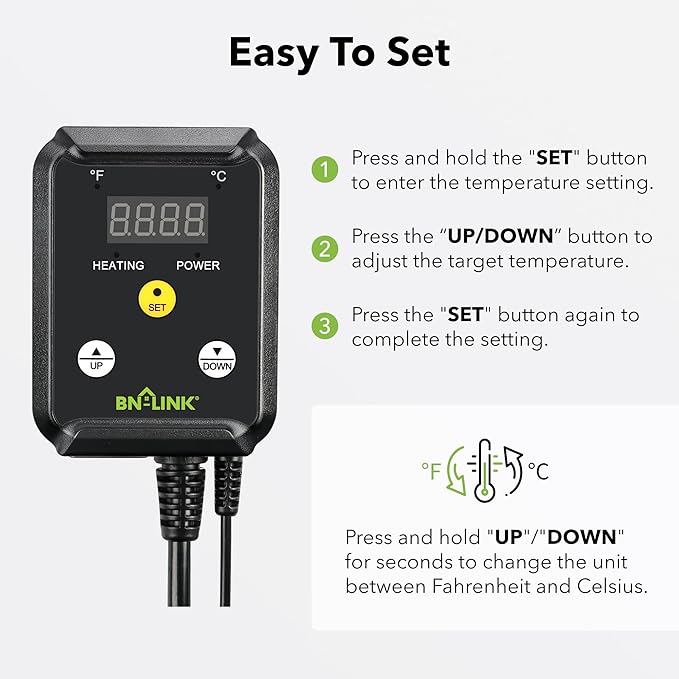 BN-LINK Digital Heat Mat Thermostat Controller for Seed Germination, Reptiles and Brewing Breeding Incubation Greenhouse, 40-108°F, 8.3A 1000W ETL Listed