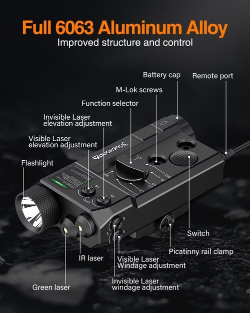 Mlok and Picatinny Mounted Tactical Flashlight Green Laser Infrared(IR) Laser 3 in 1 Combo, 1200 Lumen Light with Remote Pressure Switch for Rifle