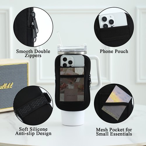 MONOBLANKS Large Water Bottle Pouch for Stanley Tumbler 40oz,Gym Tumbler Cup Accessories for Women Storage Sleeve Pocket for Walking, Running, Sports(Black-Large)