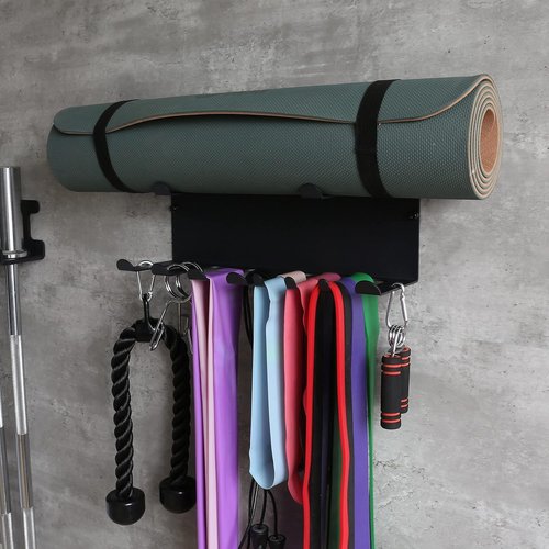 Multi-Purpose Gym Equipment Storage Rack Resistance Bands Storage Hanger Barbell Rack Heavy Duty Gym Rack for Exercise Bands, Lifting Belts and Jump Ropes (Double Layer Black)