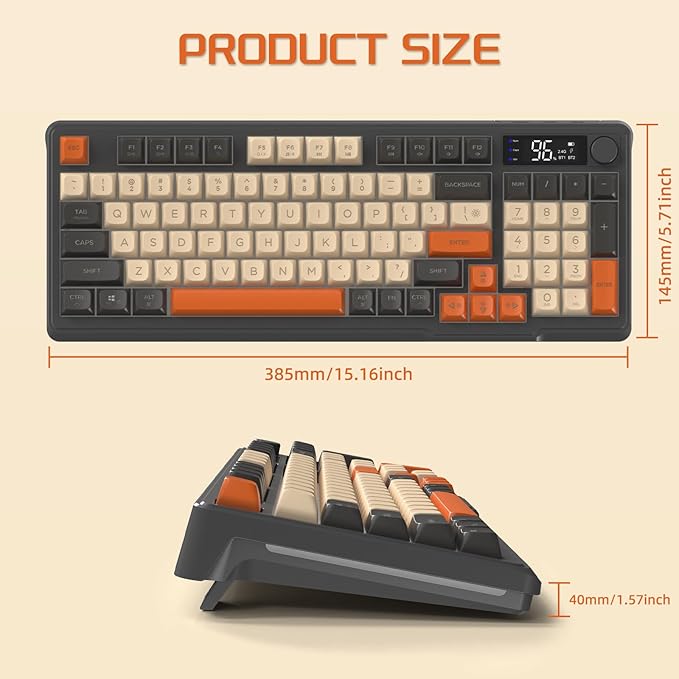 ZIYOU LANG M96 Wireless Gaming Silent Membrane Keyboard,Display Screen & Knob with Multimedia Keys Dual Mode Bluetooth/2.4Ghz,Rainbow Backlight 94Keys Ball Shape PBT Keycap ANSI Layout for Win/Mac