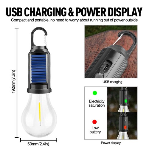 Solar Tent Camping Light Bulb Rechargeable Portable LED Camping Lantern3 Lighting Modes Tungsten Light Tent Lamp with Clip Hook for Camping, Hiking, Backpacking, Emergency Outage (T02)