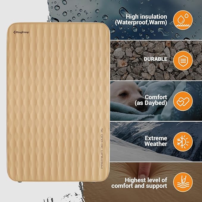 KingCamp Self Inflating Sleeping Pad for Camping Ultra Thick Double Single Foam Mattress High R Value Camping Air Pad Mat, Multi Colors & Sizes
