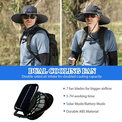 Men's Wide Brim Solar Fan Outdoor Fishing Hat in Grey - Includes 2 Solar Fans