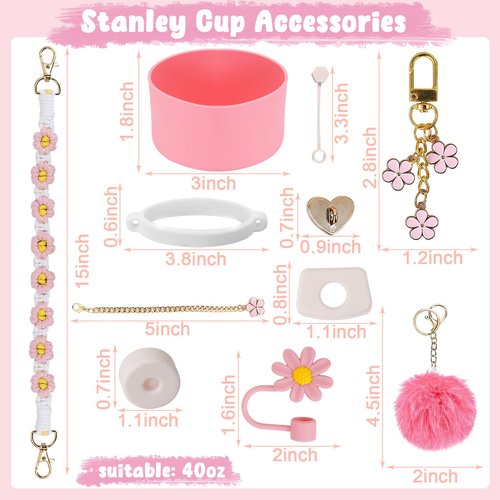 MASTRON Stanley Cup Accessories - Including 11PCS Silicone Straw Cover, Handle Strap, Silicone Boot, Spill Stopper, Leak Stopper, Flower Charms for 40/30oz Stanley Tumbler - Pink