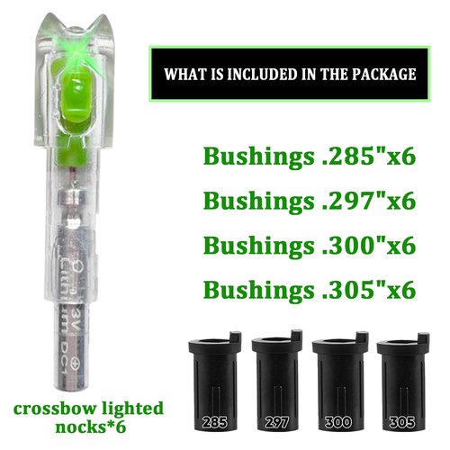 sntxmy 6-Pack Crossbow Lighted Nocks Lights Up Automatically with 4 Sizes (.285/.297/.300/.305”) Bushings.