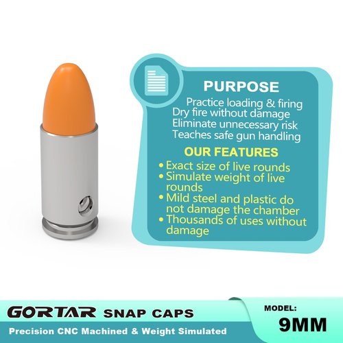 GORTAR 9mm Snap Caps Training Dummy Rounds Practice Safe Loading Firing Close to Real Weight -12 Pcs