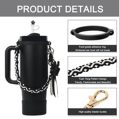 BELSITA Stanley Cup Accessories Set - Pearl Chain Braided Design Water Bottle Handle Strap, Silicone Boot, Charms for 30/40oz Tumble (Black)