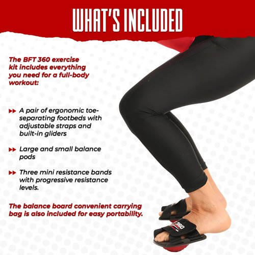 BFT 360 Barefoot Trainer Exercise Device - Balance Pods for Plantar Fasciitis and Ankle Sprains - One Large and One Small Balance Pod - 3 Mini Resistance Bands with Progressive Resistance - Black