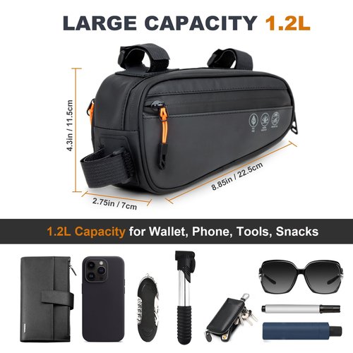 NDakter Bike Triangle Frame Bag, Bicycle Storage Pouch with 2 Side Pockets, 3-in-1 Top Tube Bags for Phone, Waterproof Cycling Tool Accessories Pack for MTB Mountain Road Bikes(1.2L)