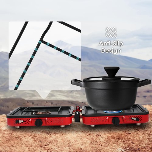 RexTact 2 Burner Camping Stove with Carrying Bag, Foldable Propane Camp Stove with 17,200 BTU for Camping, Outdoor Cooking, Portable Gas Stove with Adjustable Burner for Tailgating, Backyard BBQ,Red
