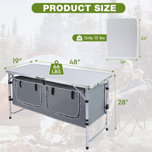Pnbfhn Outdoor Folding Camping Table with Storage Organizer, Portable Aluminum Composite Panel Lightweight Table, 3 Adjustable Height, for Indoor, BBQ, Party, Picnic, Hiking, Beach