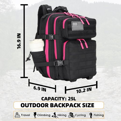 Lovelinks21 25L Tactical Military Backpack Small Travel Backpack for Men and Women Assault Pack Bug Out Bag Molle Daypack Gym Backpack with Bottle Holder (Black Neon Pink)