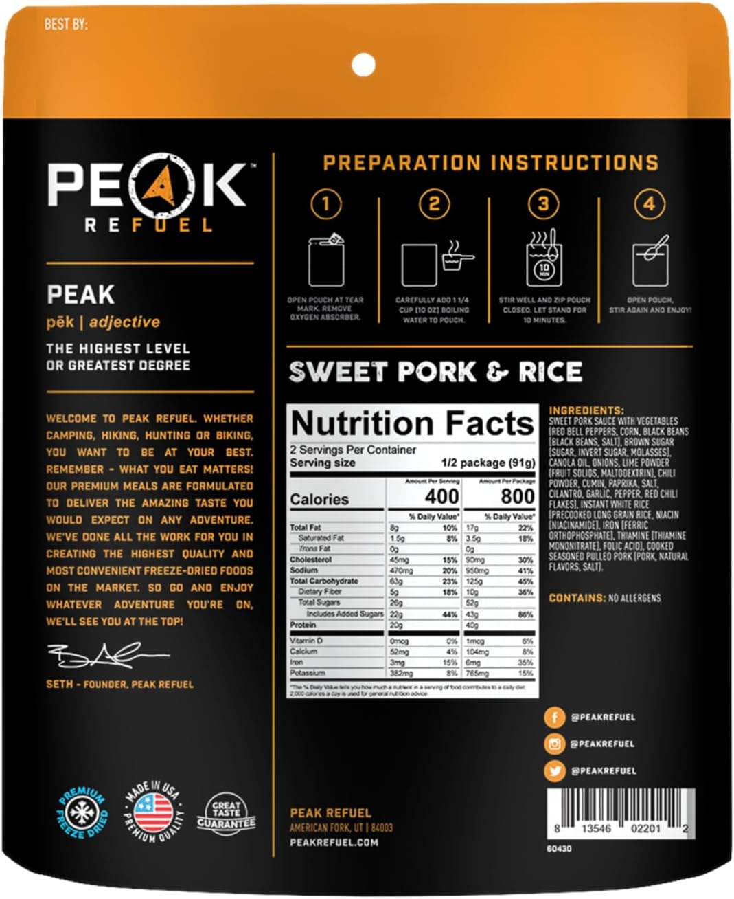 Peak Refuel Sweet Pork and Rice | Freeze Dried Hiking, Backpacking and Camping Meals | Amazing Taste | Real Meat | High-Protein | Quick Prep Food
