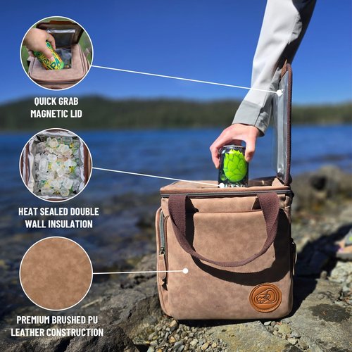 Beer Mountain | LS9 Can Cooler | Soft Sided Cooler with Magnetic Lid | Thick Insulation | Waterproof Lining | 24 Hours Cold | Premium PU Leather Design