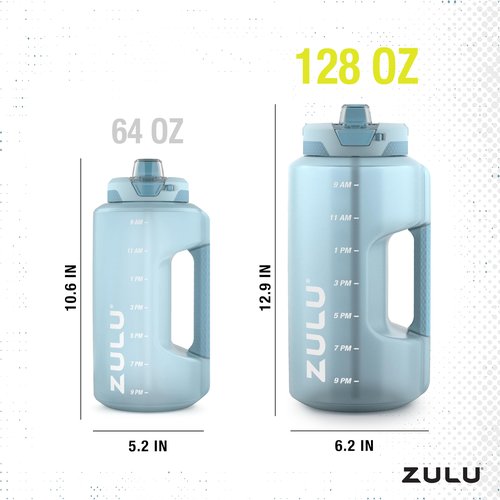 Zulu Goals Gallon 128oz Large Water Bottle Jug with Time Marker & Handle for All Day Hydration | Silicone Soft Straw with Locking Leak-Proof Lid | For Gym, Camping, Workout, and Outdoors | Dusty Blue