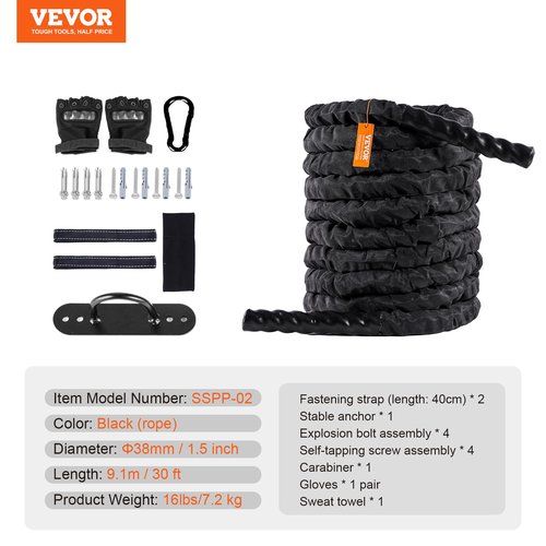 VEVOR Battle Rope - 1.5 Inch Diameter, 30Ft Length Polyester Exercise Rope with Protective Sleeve & Anchor for Home Gym Core Strength Training