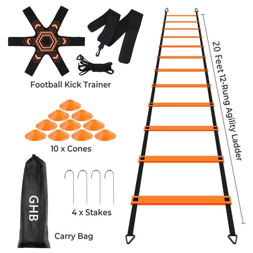 GHB Pro Agility Ladder Soccer Kick Trainer Set 20ft 12 Rung 60 Cones and 4 Stakes Speed Agility Football Training Equipment with Carrying Bag