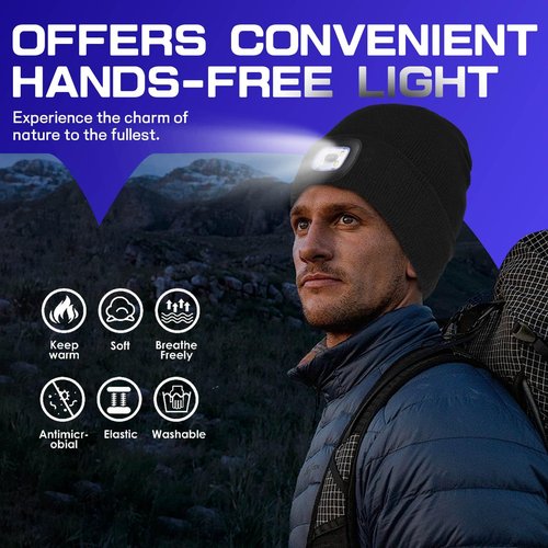 Unisex Beanie Hat with Light, USB Rechargeable LED Headlamp Cap Warm Knit Hats for Winter Safety,Gifts for Men Women Dad (Deep Hemp Grey)