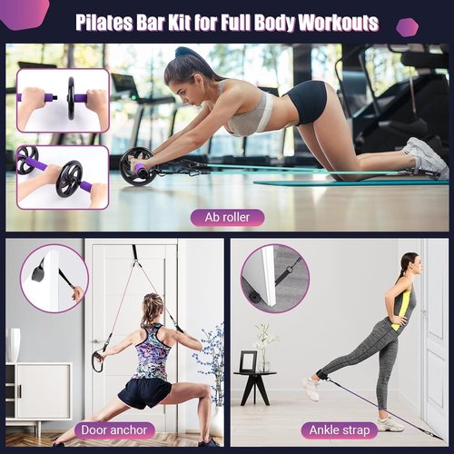 Pilates Bar Kit with Stackable Resistance Bands - Workout Equipment for Legs, Hip, Waist, Arms - Fitness Equipment for Women & Men Home Gym Yoga