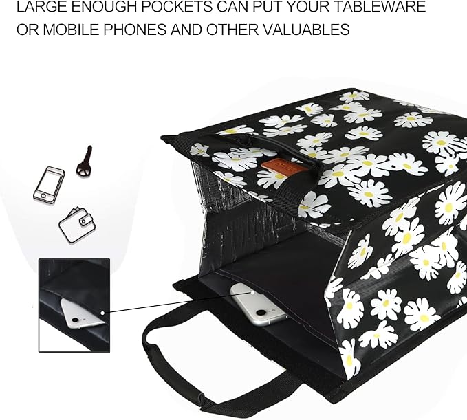 Lunch Bags for Women Insulated Reusable Lunch Tote with Internal Pocket, Lunch Tote bag for Work(Daisy)