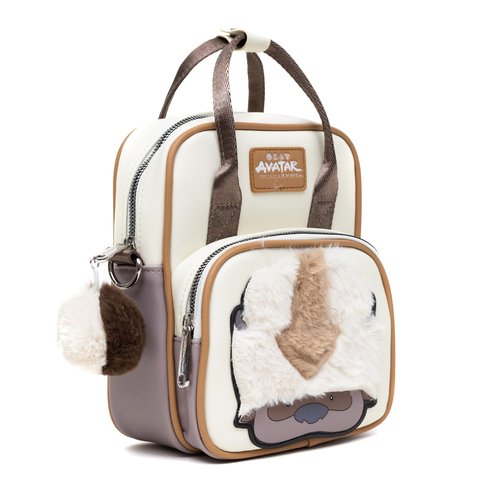 Nickelodeon Vegan Leather Crossbody Backpack for Men and Women with Adjustable Strap, Avatar Appa Furry Face and YIP! YIP! Text Debossed Tan