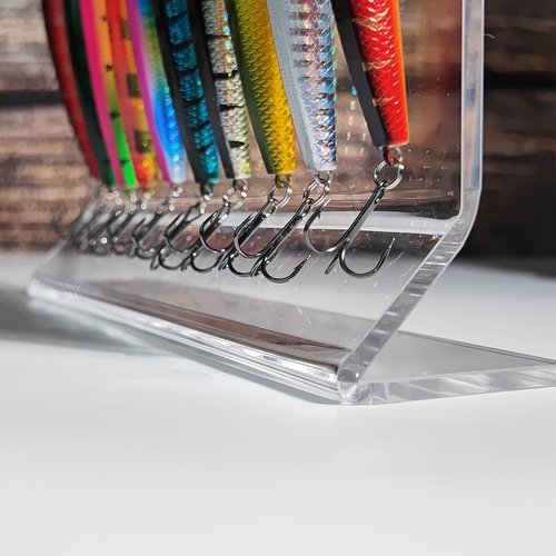 WEIMINLI Clear Fishing Lure Display Stand, Acrylic Lure Stands for 10 Lures Each ,Fishing Lures Kit Set Storage Decoration for Fishing Store Bait and Accessories(2pieces)